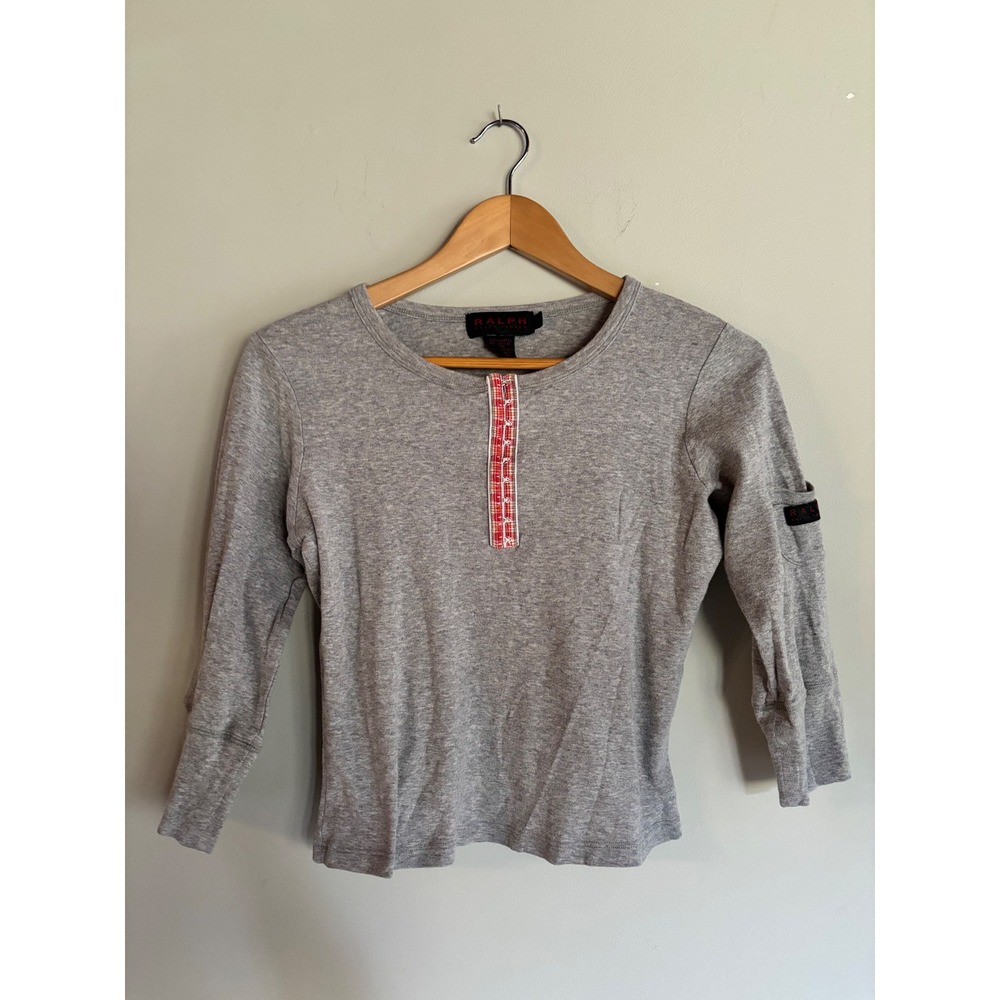 Ralph‎ Lauren Plaid Hook Eye Henley Cotton Pocket Top Gray M